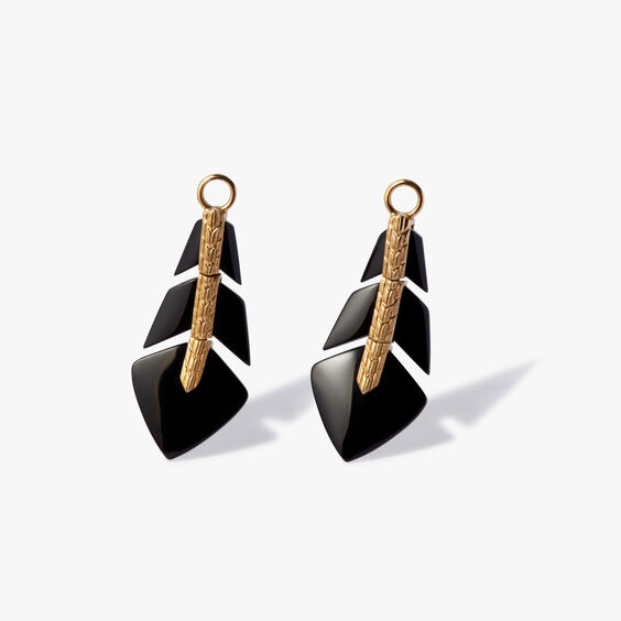 Deco 18ct Yellow Gold Black Onyx Feather Earring Drops